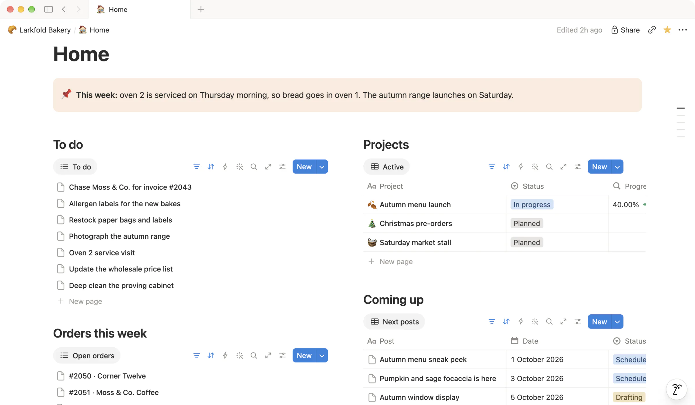 The home page of a bakery's Notion workspace, with a note for the week, a to-do list, open orders, active projects and upcoming posts.